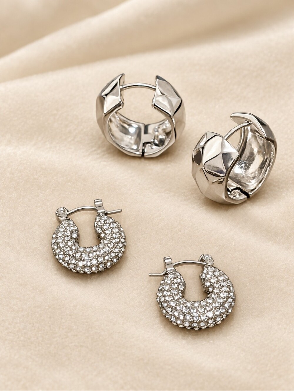 Silver Pavé and Sculpted Hoop Earring Set - Silver